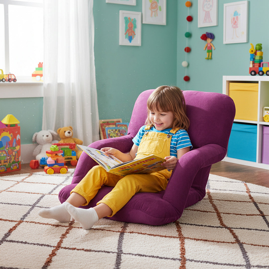 Magenta adjustable foldable floor chair with armrests plush flannel fabric and steel frame — view 4