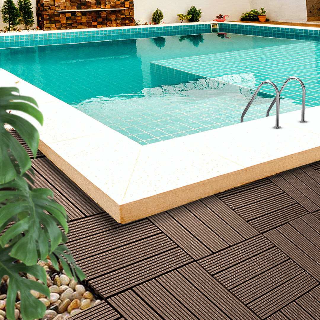 Dark chocolate wooden composite decking tiles with interlocking design for outdoor patio and garden flooring — view 4