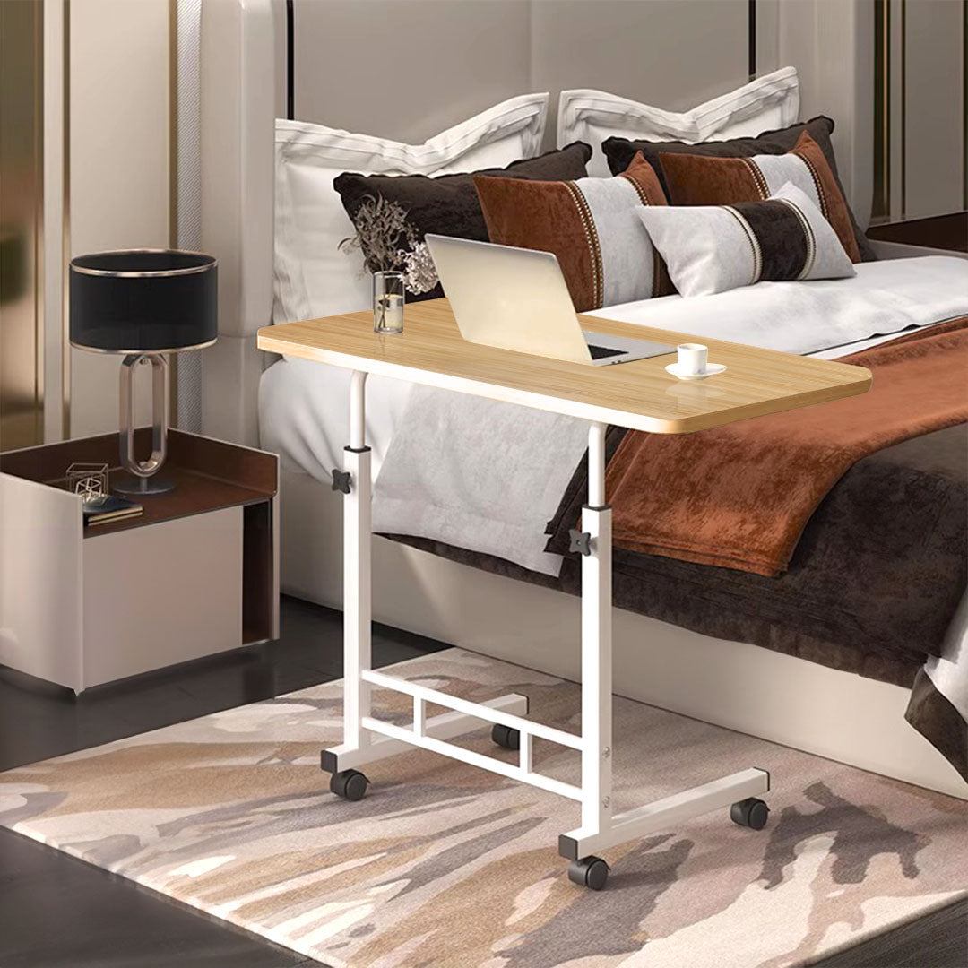 Two movable walnut wood bedside tables with white metal frames and rolling wheels. — view 4