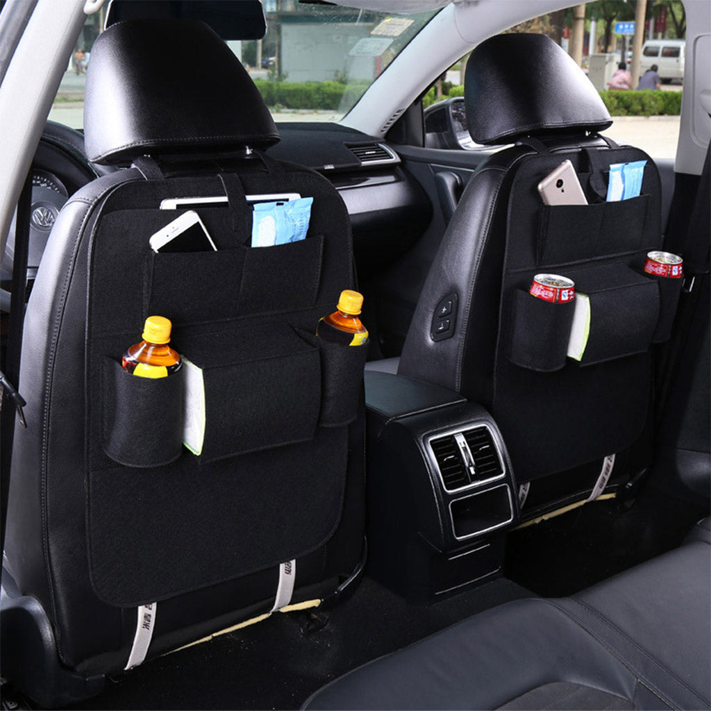 Black PVC leather car backseat organizer featuring multiple pockets, drink holders, and a tablet sleeve — view 4