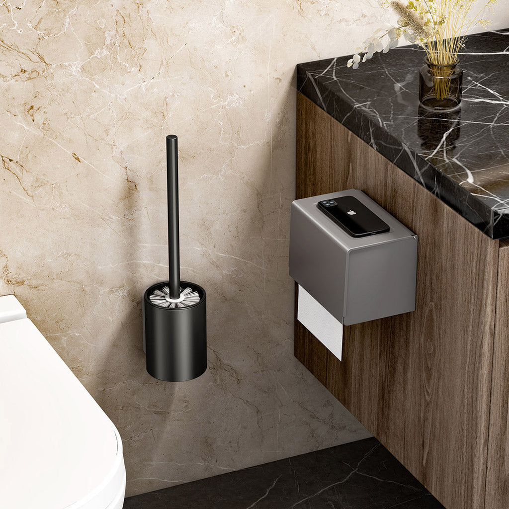 Black wall-mounted aluminum toilet brush with holder and ergonomic handle for modern bathroom cleaning — view 4