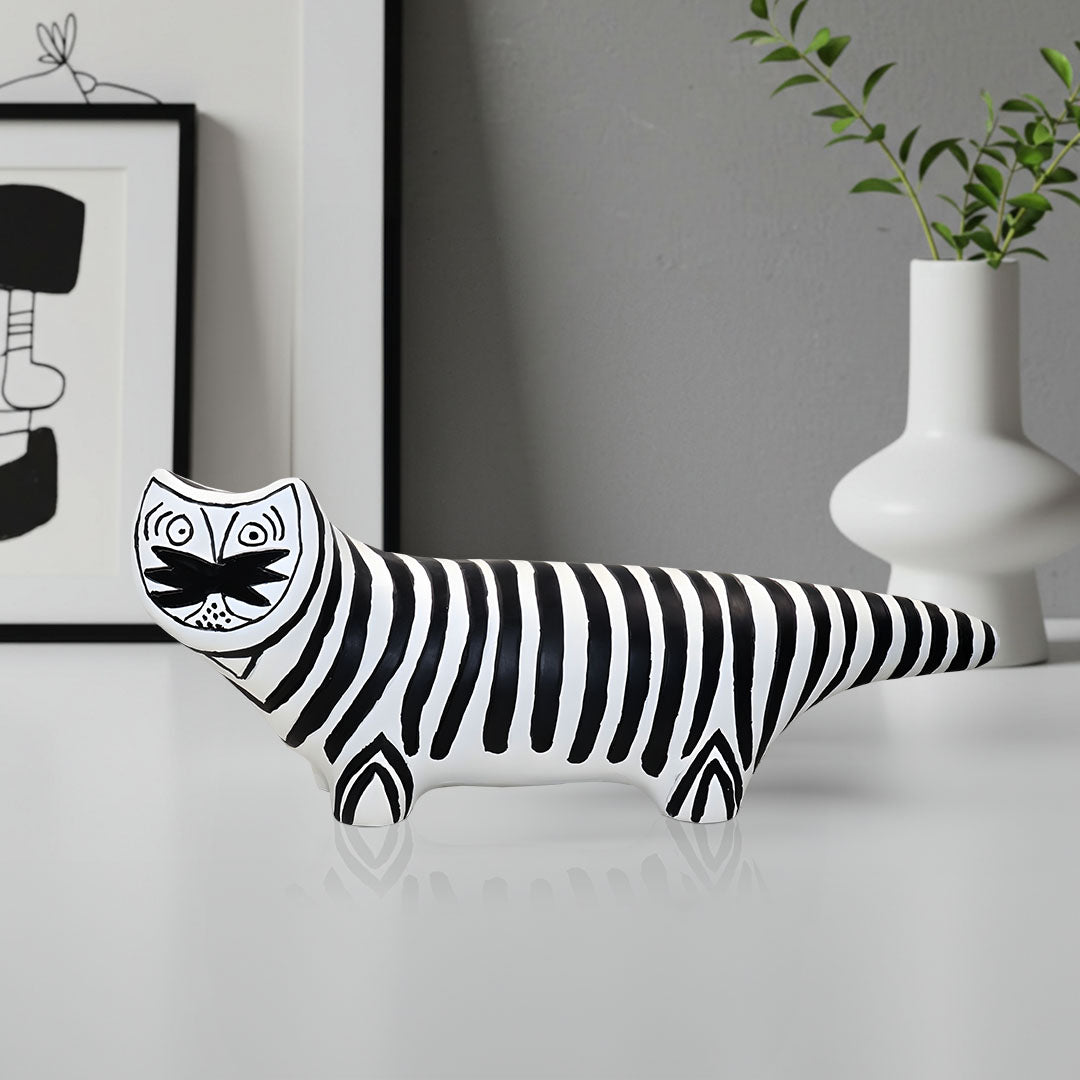 Elongated black and white striped cat resin sculpture for modern bookshelf or console table decor — view 4