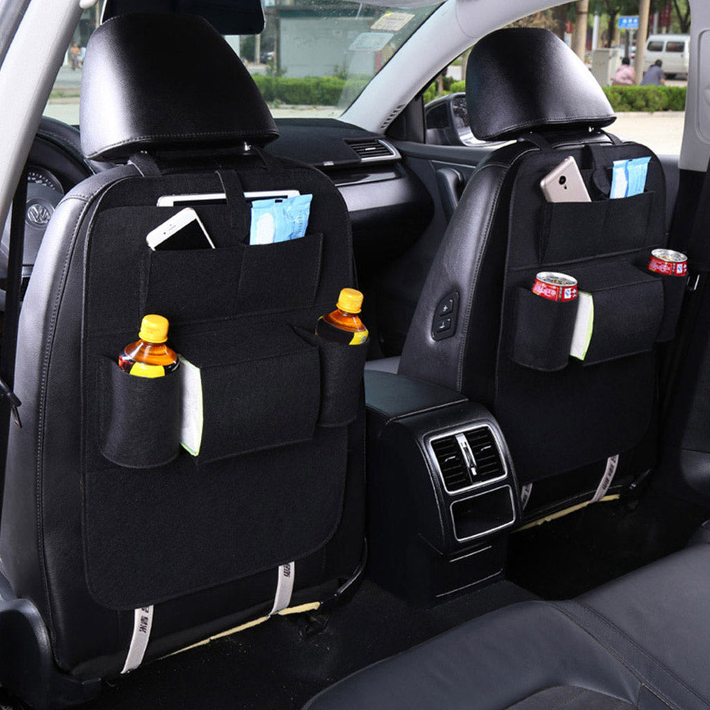 Black PVC leather car backseat organizer with seven multi-purpose storage pockets and adjustable straps. — view 4