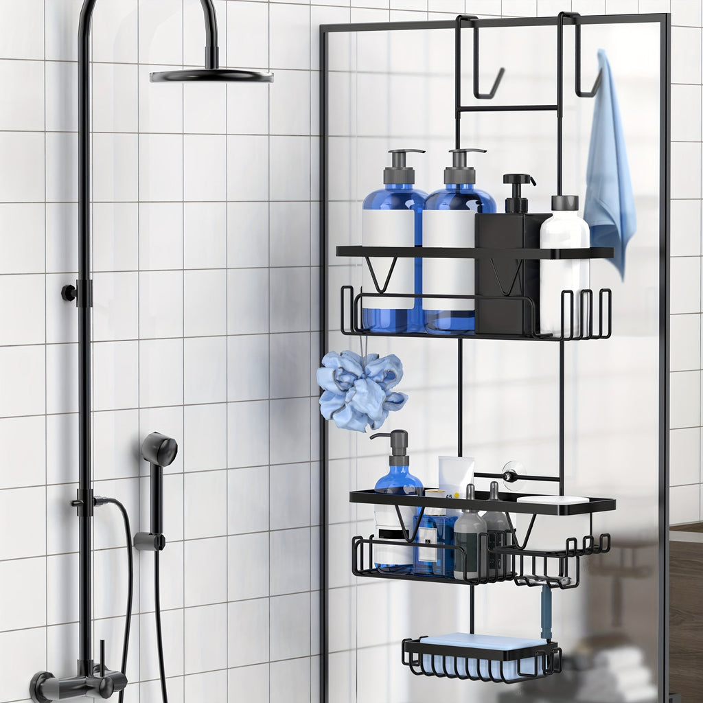 Black stainless steel over the door shower organizer rack holding towels and bathroom accessories — view 2