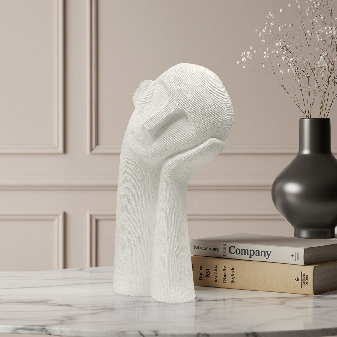 White minimalist abstract head sculpture with hand resting, matte resin home decor piece — view 5