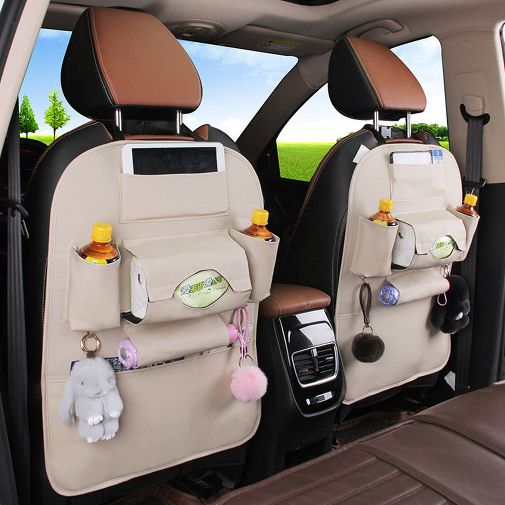 White PVC leather car seat organizer with multi-pocket storage compartments and iPad holder. — view 5