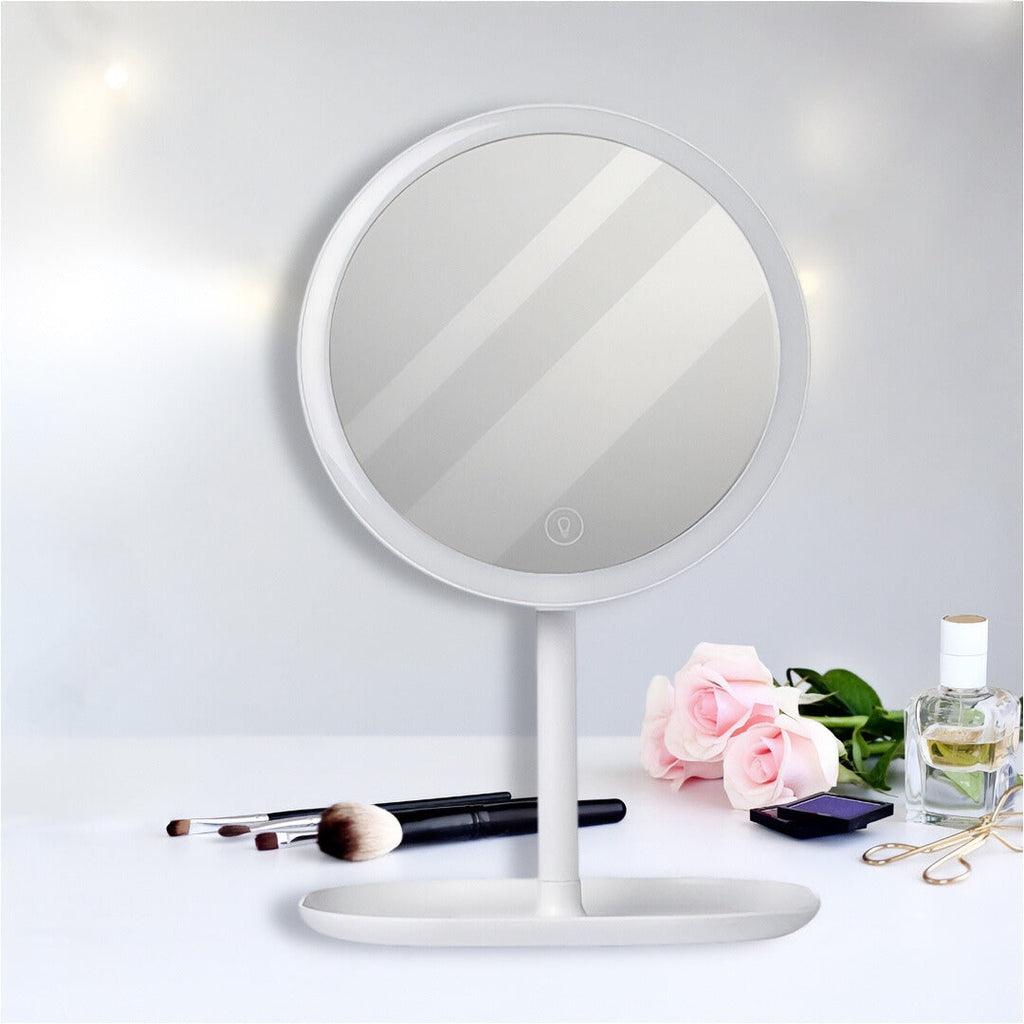 White round 26cm smart LED makeup vanity mirror with tricolor adjustable light on dressing table — view 5