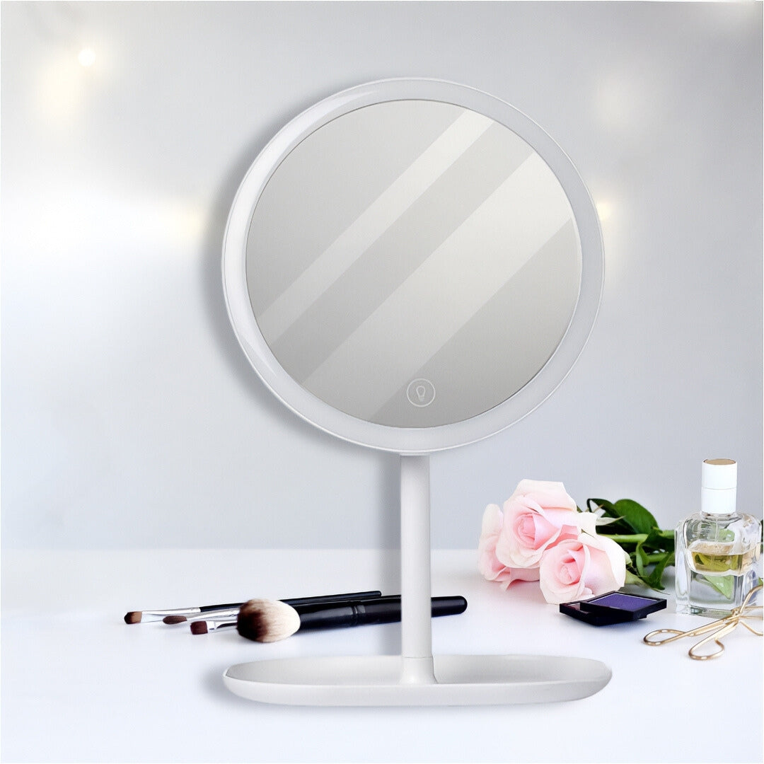 White round 26cm smart LED makeup vanity mirror with tricolor adjustable light on dressing table — view 5