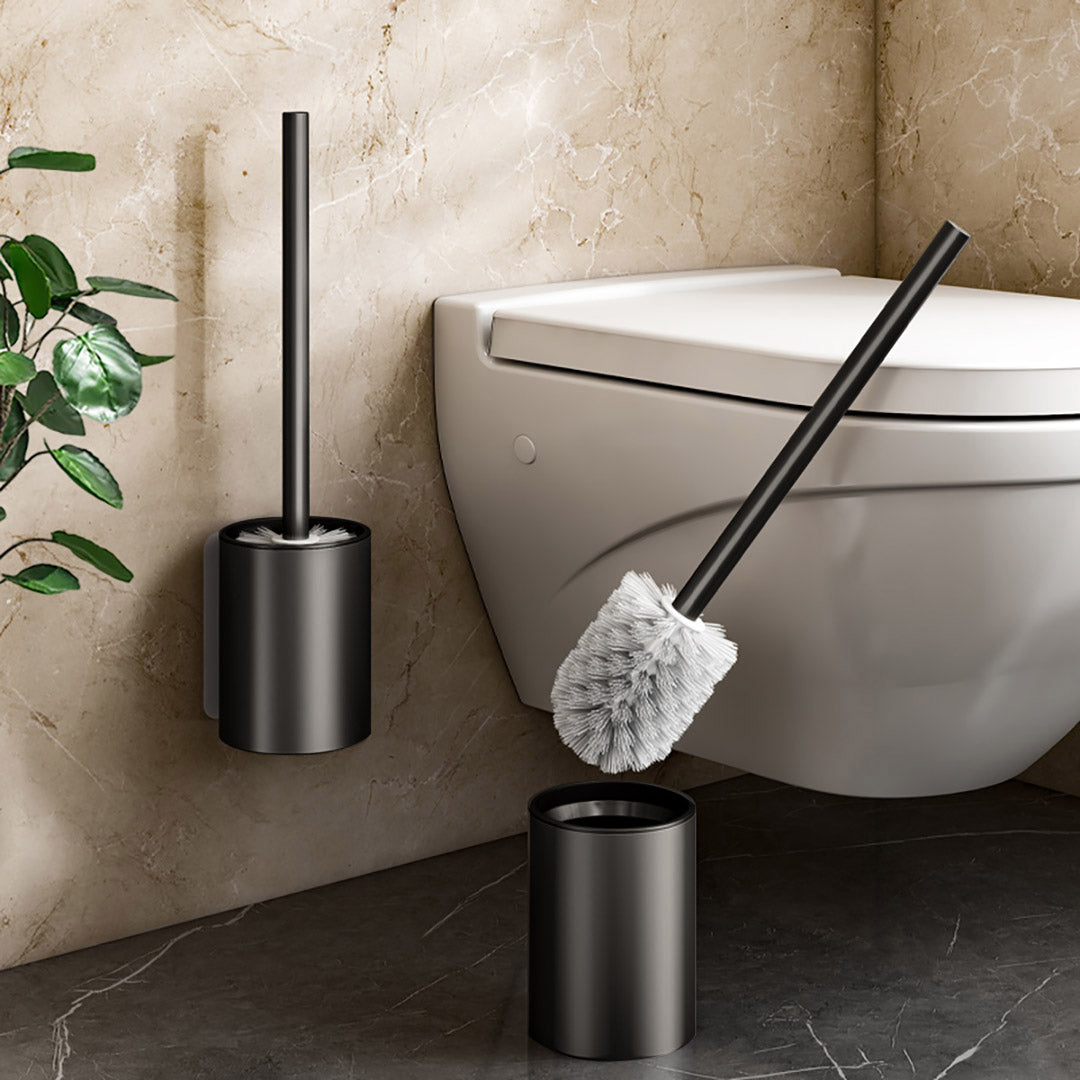 Black wall-mounted aluminum toilet brush with holder and ergonomic handle for modern bathroom cleaning — view 5
