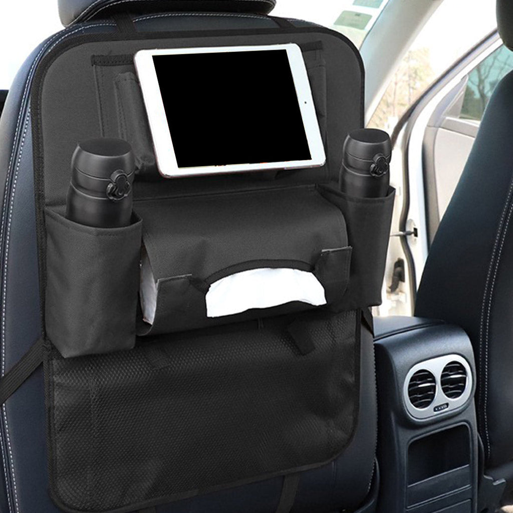 Black PVC leather car backseat organizer featuring multiple pockets, drink holders, and a tablet sleeve — view 5