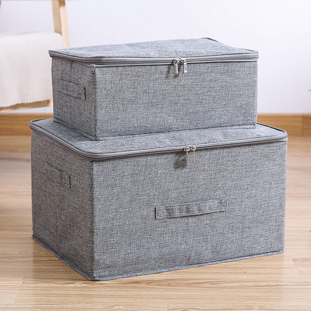 Small grey fabric foldable storage box with double zippers and reinforced handles for home organization — view 5