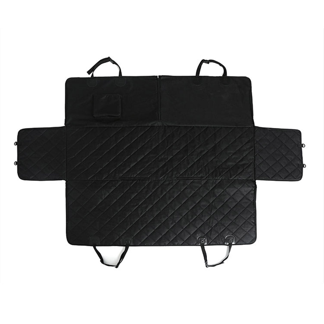 Black waterproof dog car seat cover hammock installed in vehicle back seat with secure straps — view 5