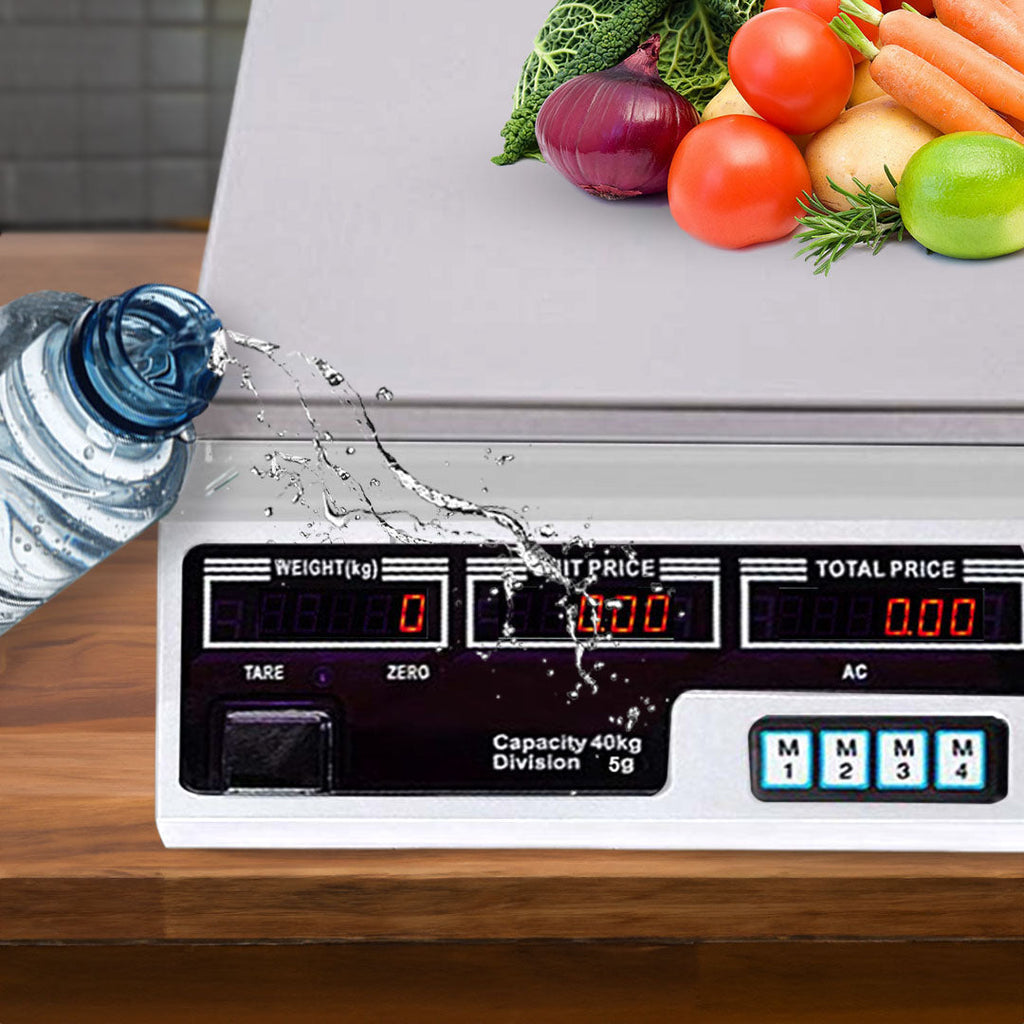 Two white SOGA digital kitchen scales with stainless steel platforms and dual-sided bright LCD displays — view 5