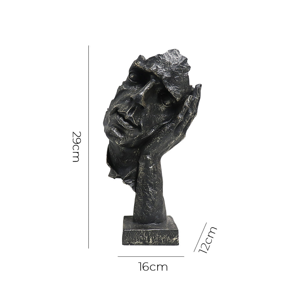 Black resin face sculpture of a thoughtful tilted head resting on a hand, antique bronze finish — view 5