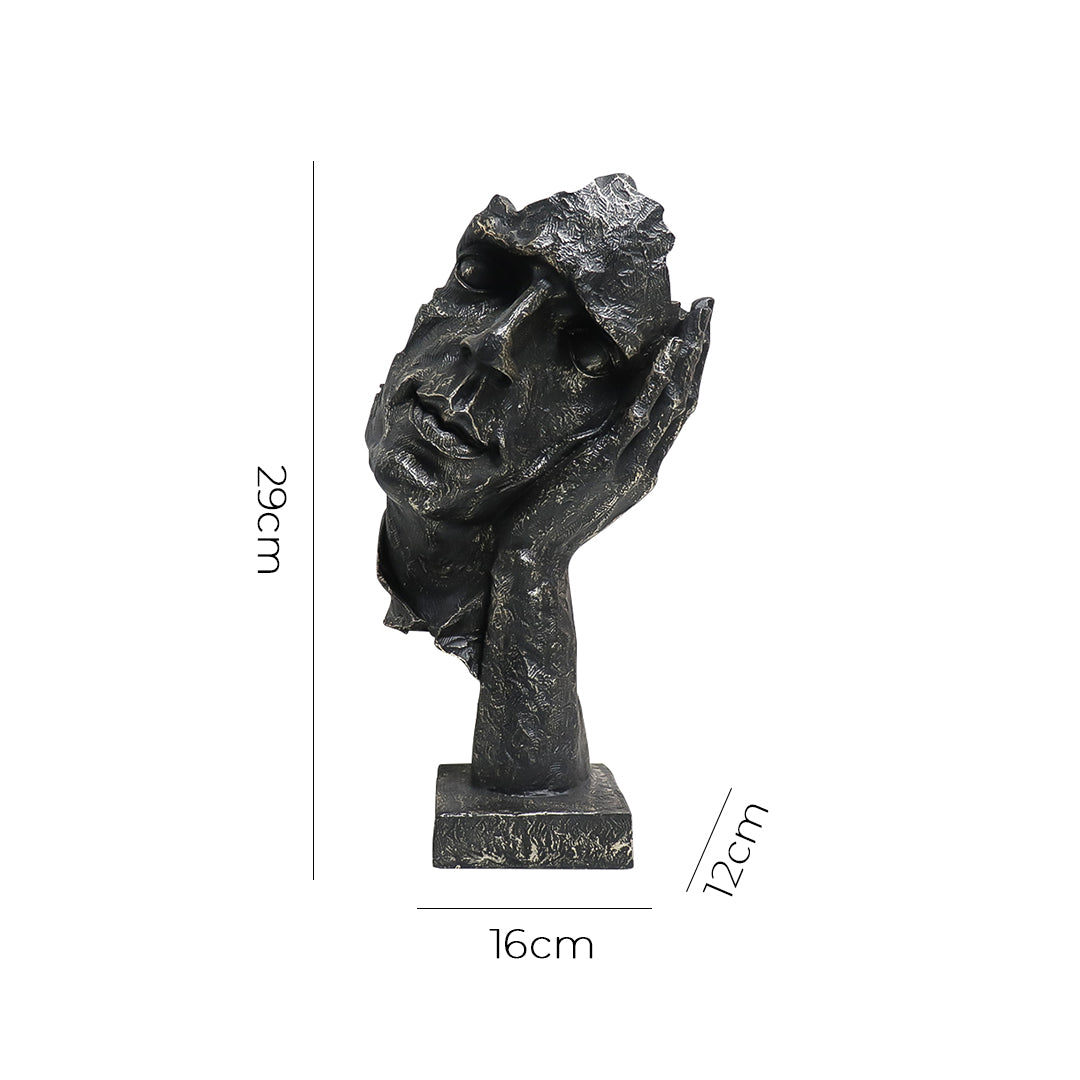 Black resin face sculpture of a thoughtful tilted head resting on a hand, antique bronze finish — view 5