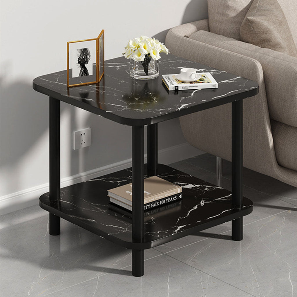 Modern round black side table featuring a stone-patterned surface and solid pine wood legs — view 5