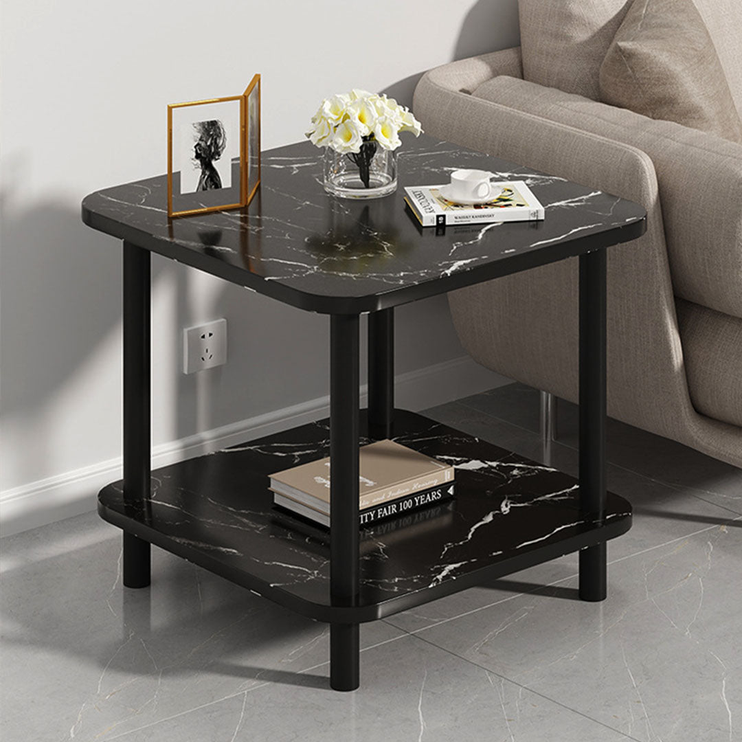 Modern round black side table featuring a stone-patterned surface and solid pine wood legs — view 5