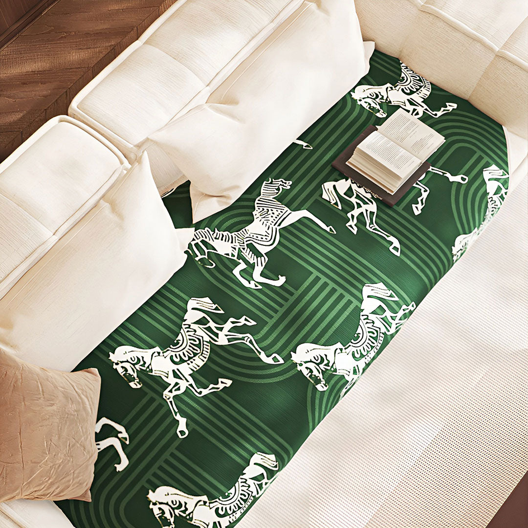 Green horse print three-seater sofa cover and polyester throw blanket draped over a modern couch. — view 5