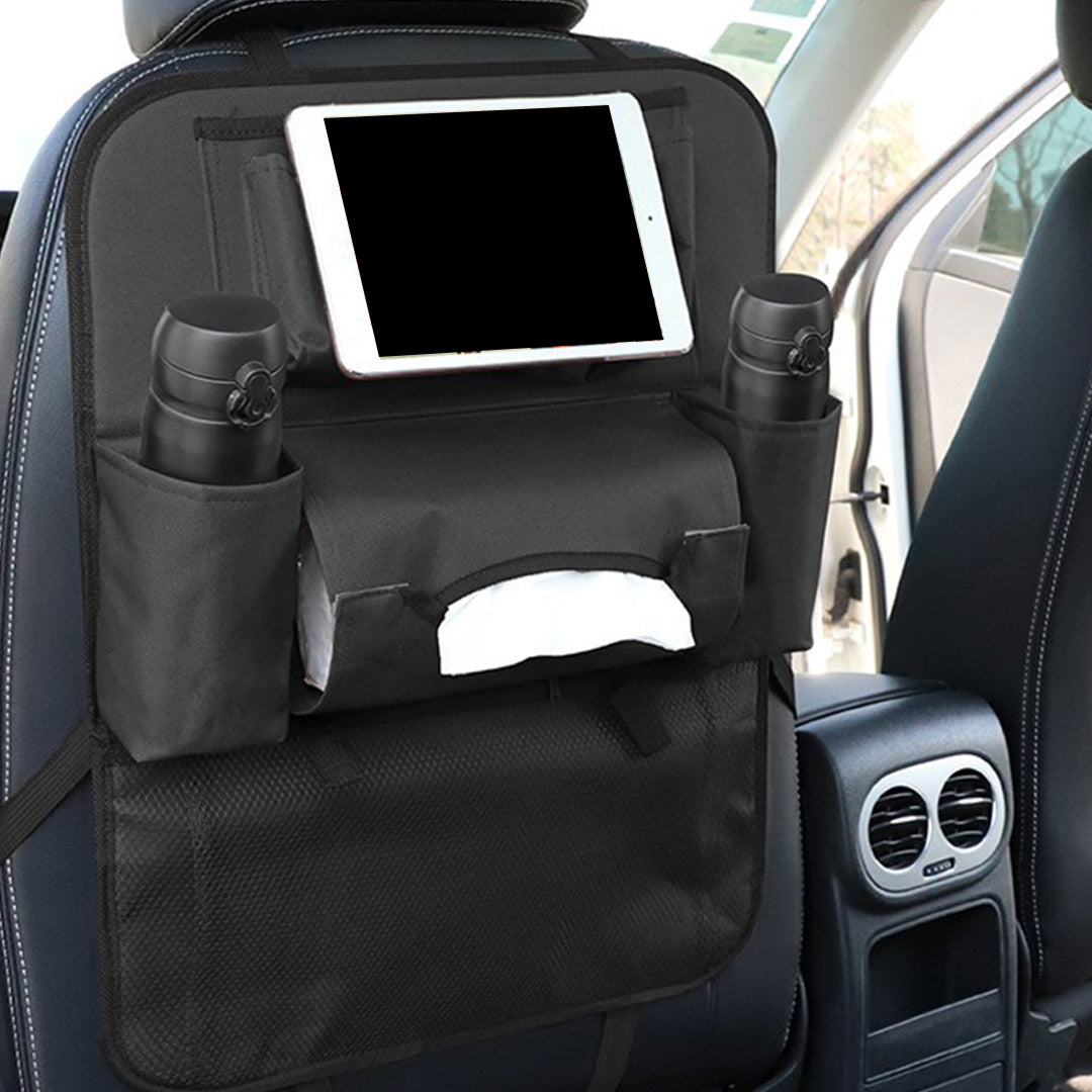 Black PVC leather car backseat organizer featuring multiple pockets, drink holders, and a tablet sleeve — view 5