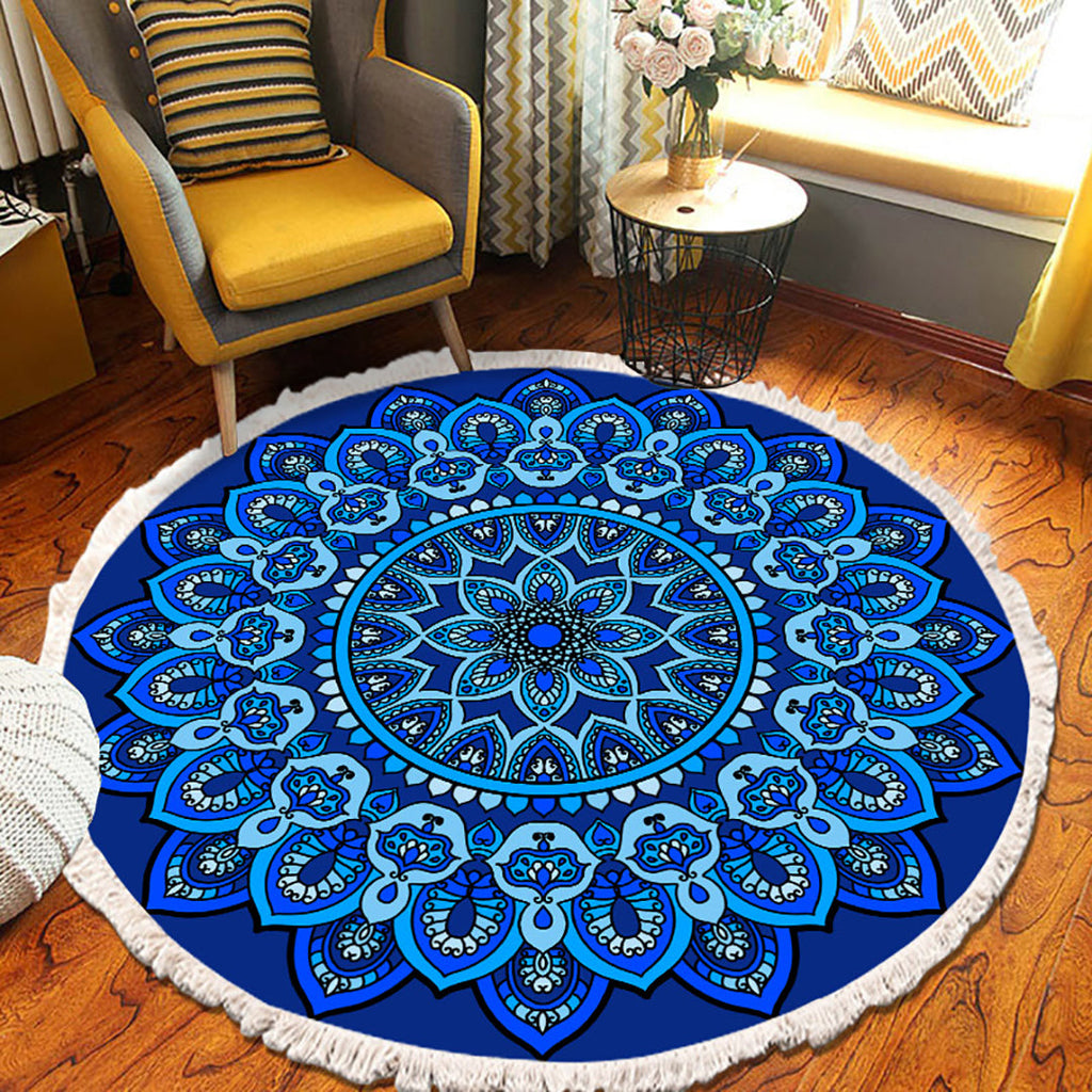90cm round blue mandala patterned area rug made of soft polyester for home decor — view 5