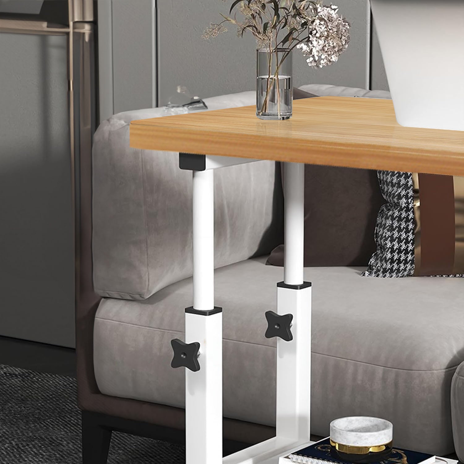 Two movable walnut wood bedside tables with white metal frames and rolling wheels. — view 5