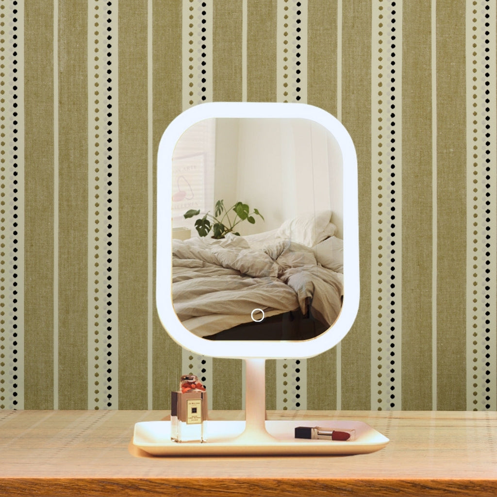 White squared smart LED makeup vanity mirror on a table with adjustable lighting. — view 5