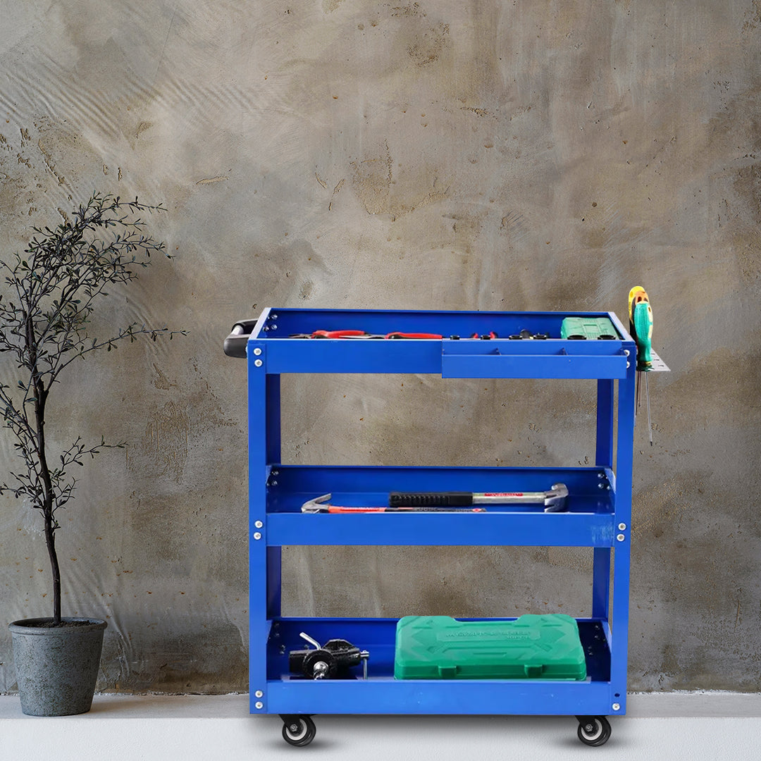 Blue three tier heavy duty steel mobile tool storage cart on wheels — view 5