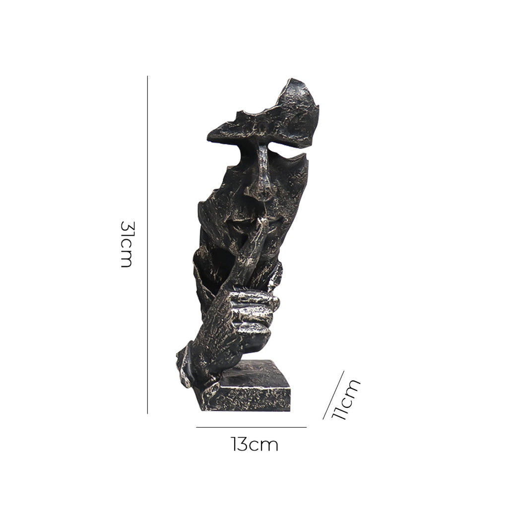 Black abstract resin shush face sculpture with an antique bronze finish and fractured texture. — view 5