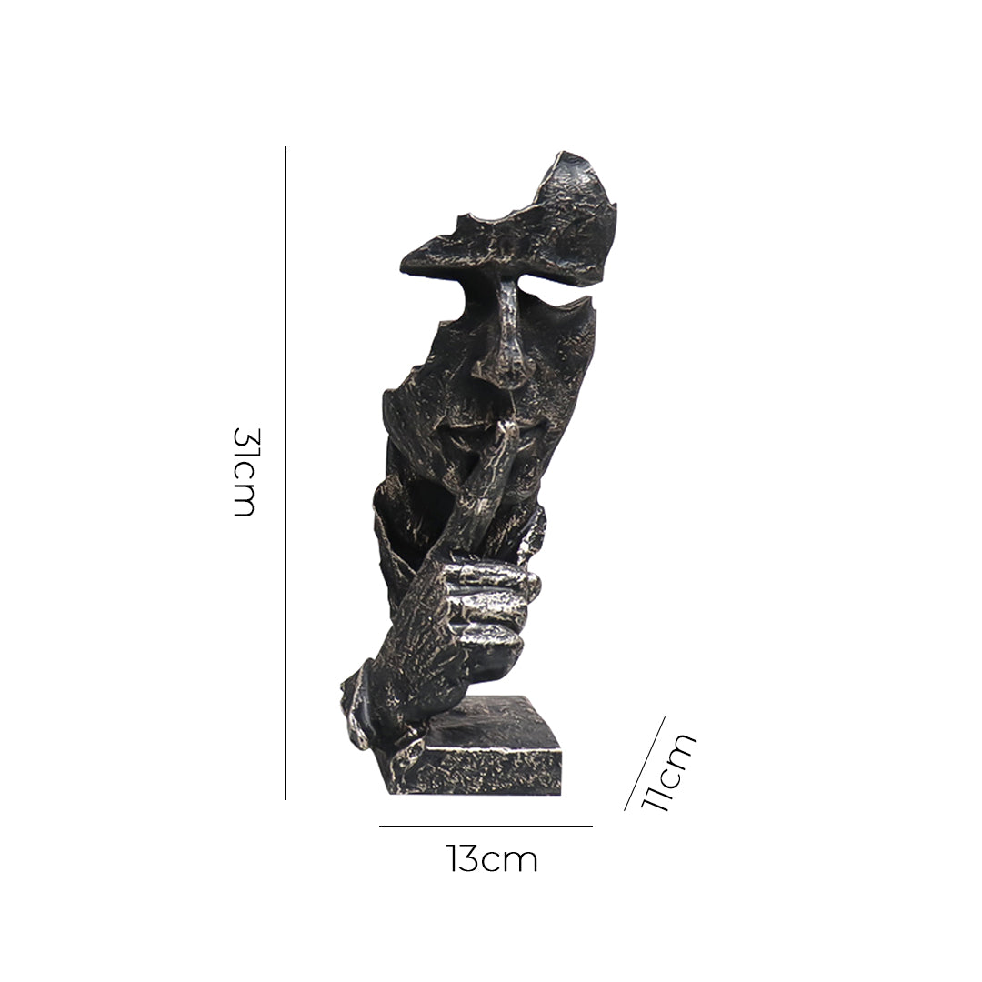 Black abstract resin shush face sculpture with an antique bronze finish and fractured texture. — view 5