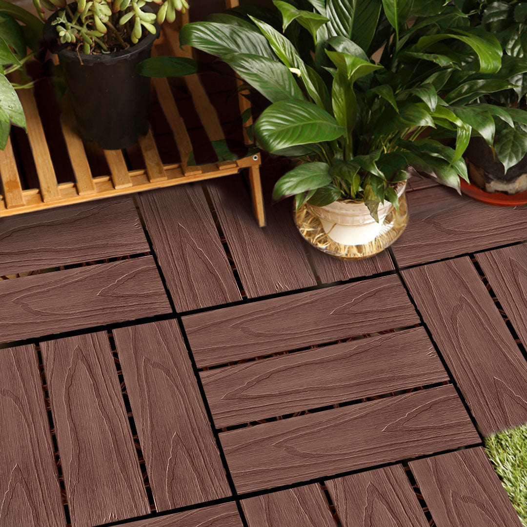 Dark chocolate wood composite interlocking decking tiles arranged for outdoor garden or patio flooring — view 5