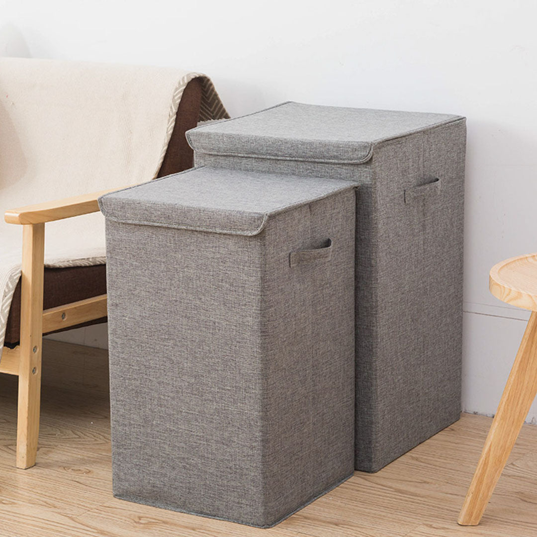 Large grey canvas collapsible laundry hamper storage box with lid and carrying handles — view 5