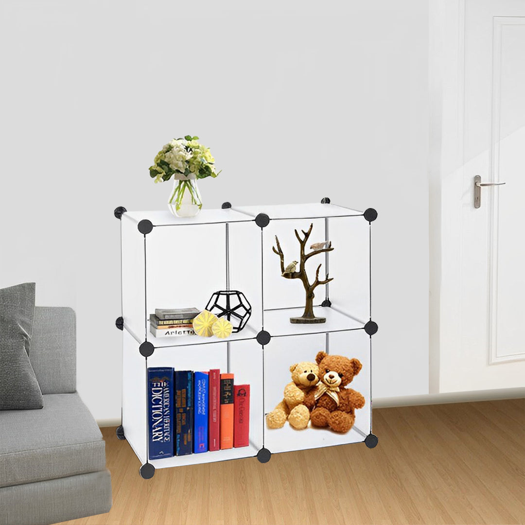 Transparent 4-cube modular storage organizer unit with white wire frame and stacked shelving design — view 5