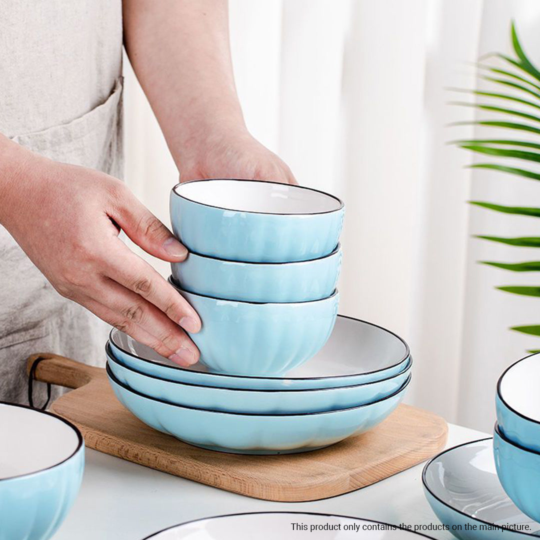 Blue Japanese style ceramic dinnerware set with bowls plates spoons and chopsticks in semi-matte glaze — view 5