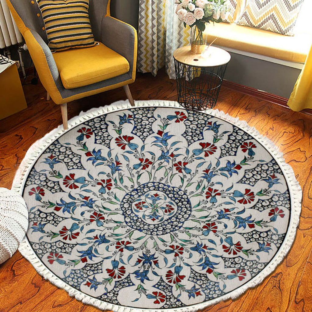 Vibrant 120cm round area rug with multicolor mandala pattern, plush polyester pile, and anti-slip backing — view 5