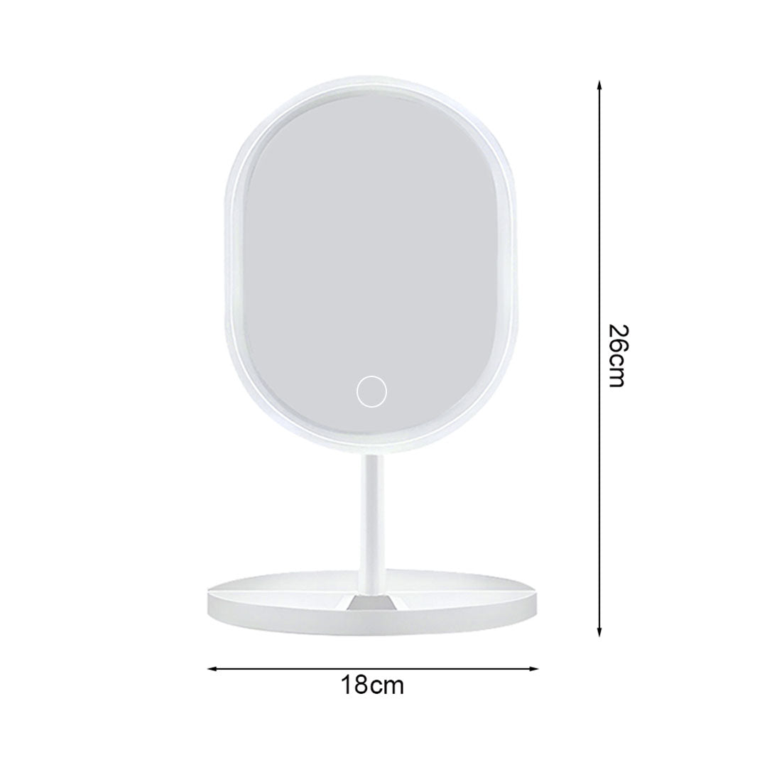 White oval LED makeup vanity mirror on a stand with bright illuminated tricolor adjustable lighting — view 5