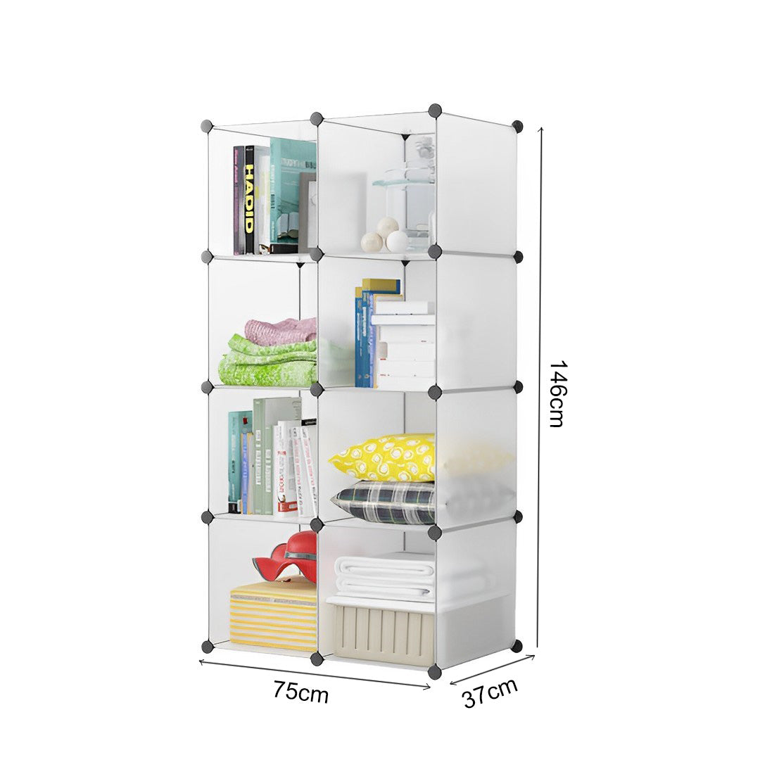 Transparent 8-cube modular storage shelf organizer made of plastic panels and iron wire connectors — view 5