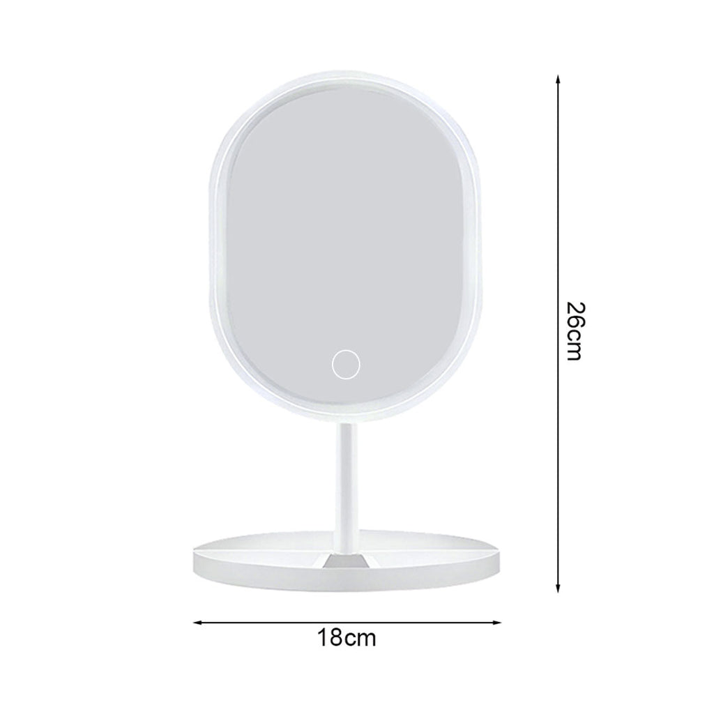 White oval smart LED makeup vanity mirror with tricolor adjustable lighting on a tabletop base — view 5