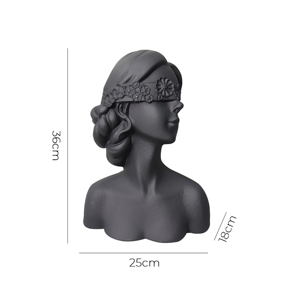 Matte black resin bust sculpture of a blindfolded lady with delicate floral crown detailing. — view 5