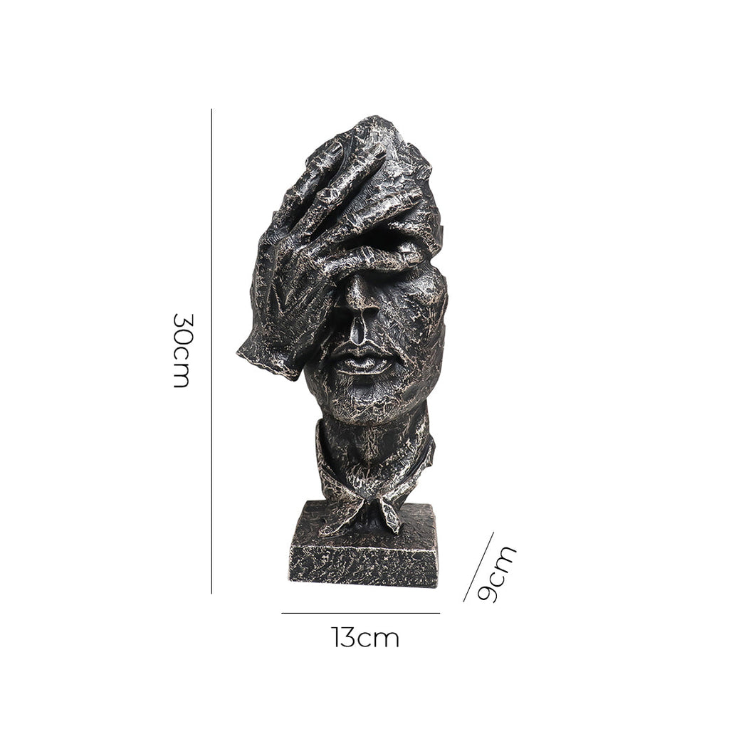Abstract face sculpture in antique bronze black resin with a hand-over-eyes modern design. — view 5