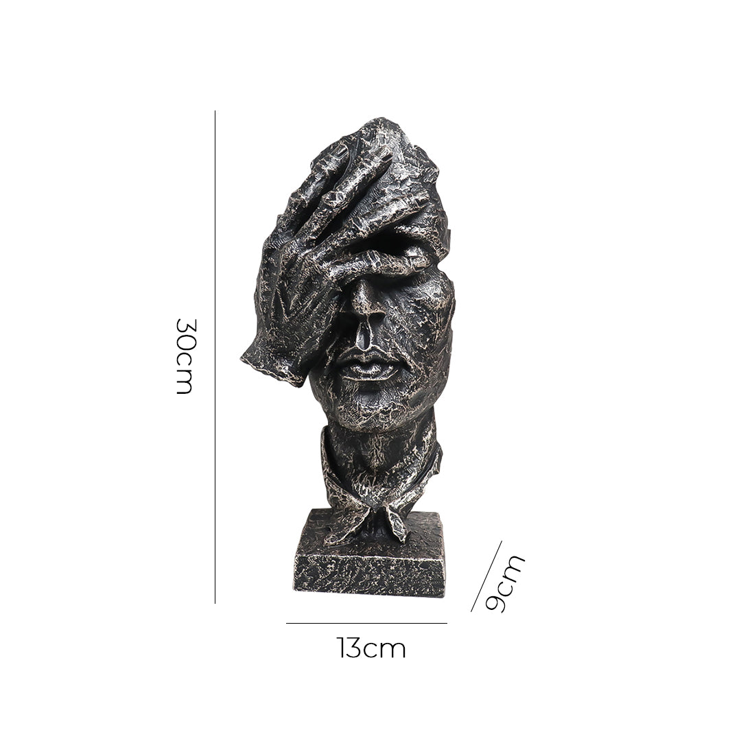 Abstract face sculpture in antique bronze black resin with a hand-over-eyes modern design. — view 5