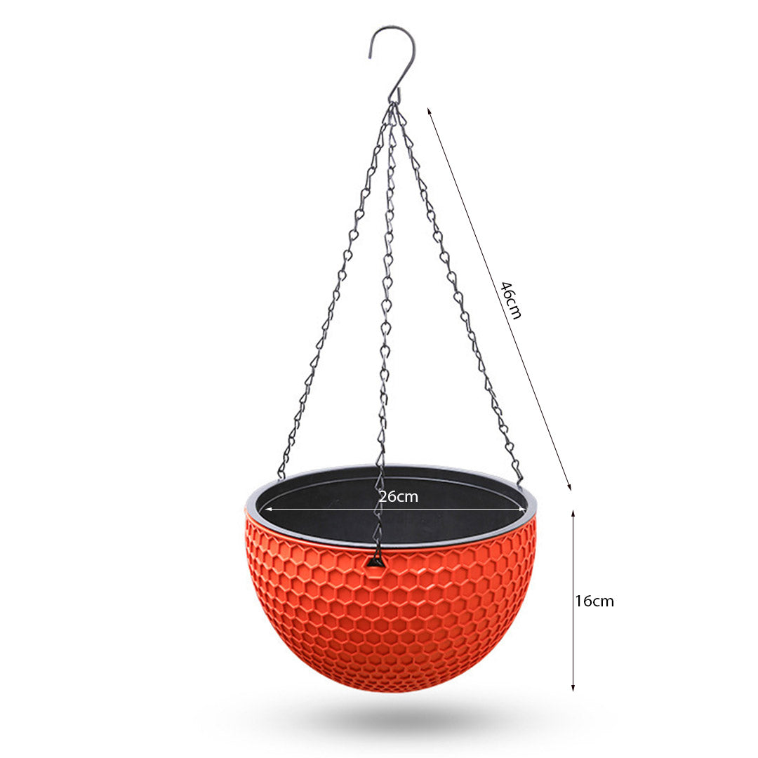Two vibrant red large hanging resin plant pots with suspension chains and hooks — view 5
