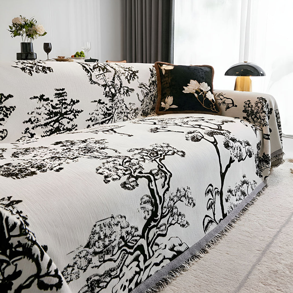 White tree print polyester three-seater sofa cover draped elegantly over a modern living room couch — view 5