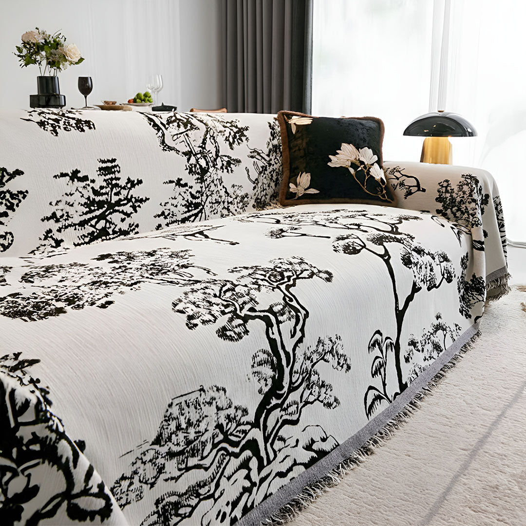 White tree print polyester three-seater sofa cover draped elegantly over a modern living room couch — view 5