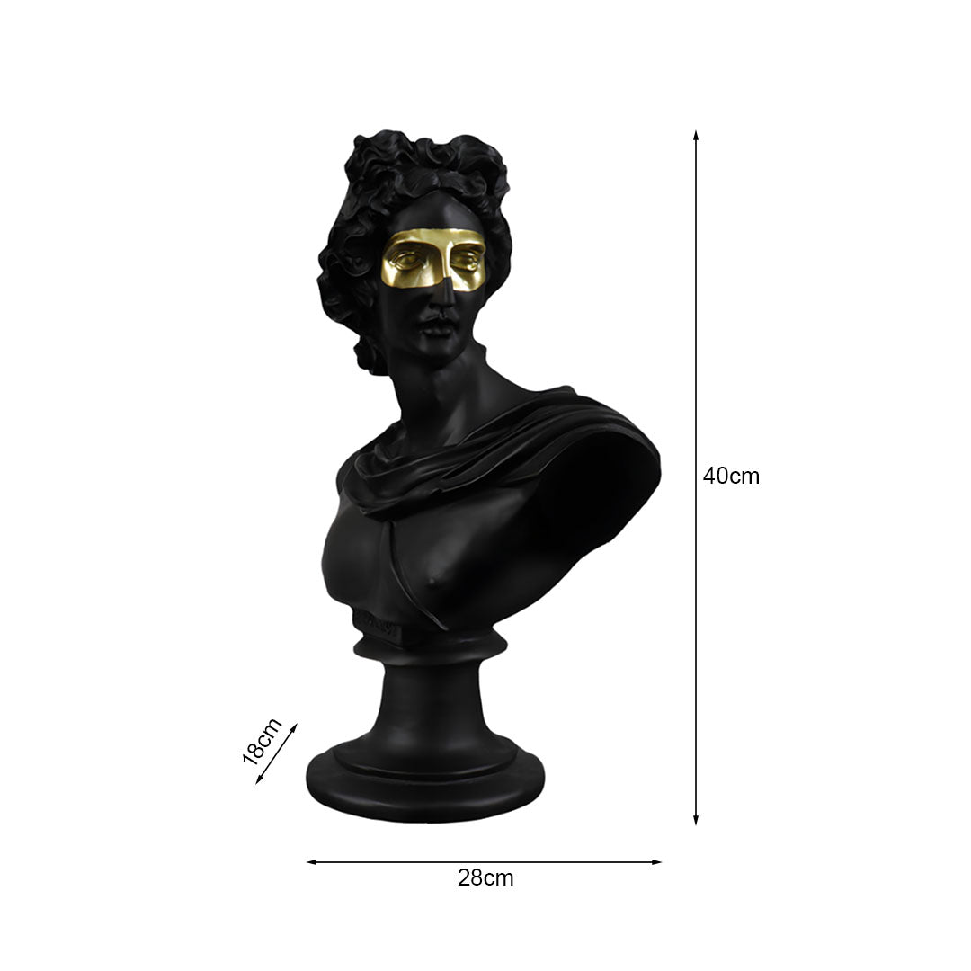 Black resin classical bust sculpture featuring a modern gold eye mask on a marble base. — view 5