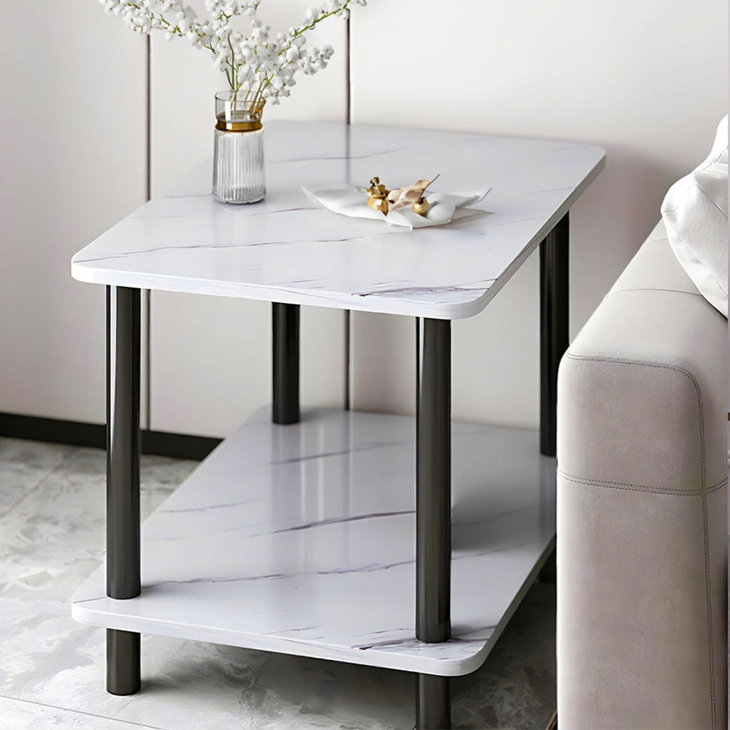 White stone-patterned side table with sleek black pine wood legs for modern living room decor — view 5