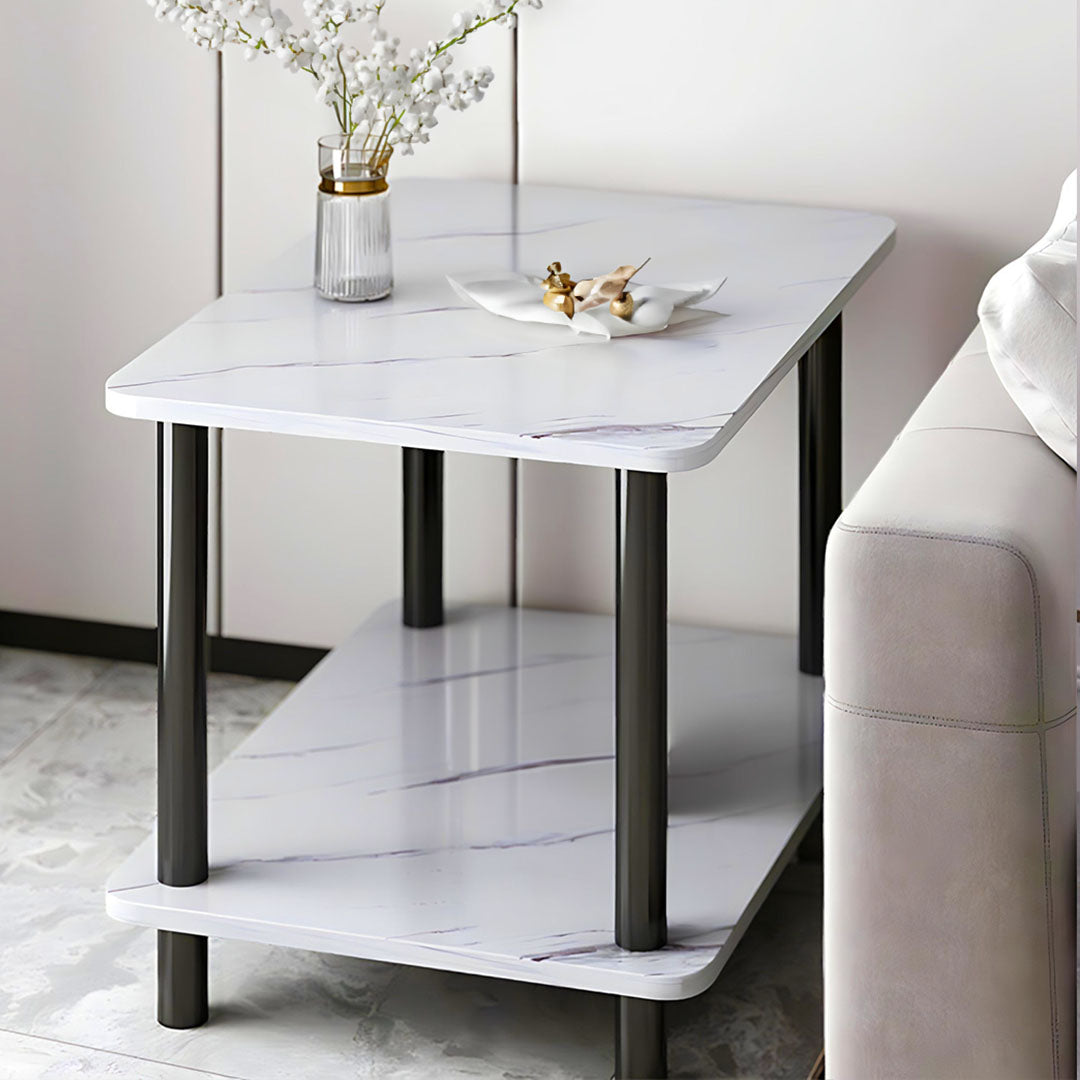 White stone-patterned side table with sleek black pine wood legs for modern living room decor — view 5