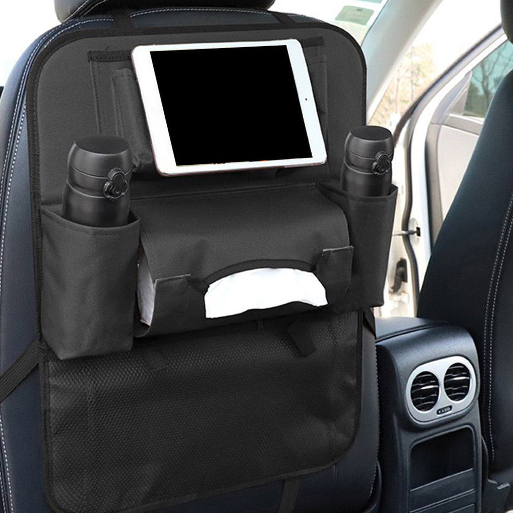 Black PVC leather car backseat organizer with seven multi-purpose storage pockets and adjustable straps. — view 5