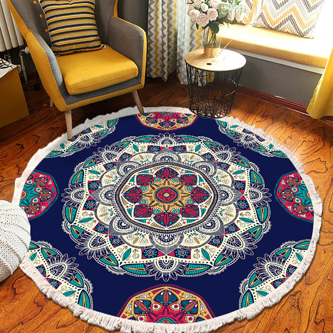 90cm round bohemian area rug featuring a vibrant blue mandala geometric pattern and anti-slip backing — view 5