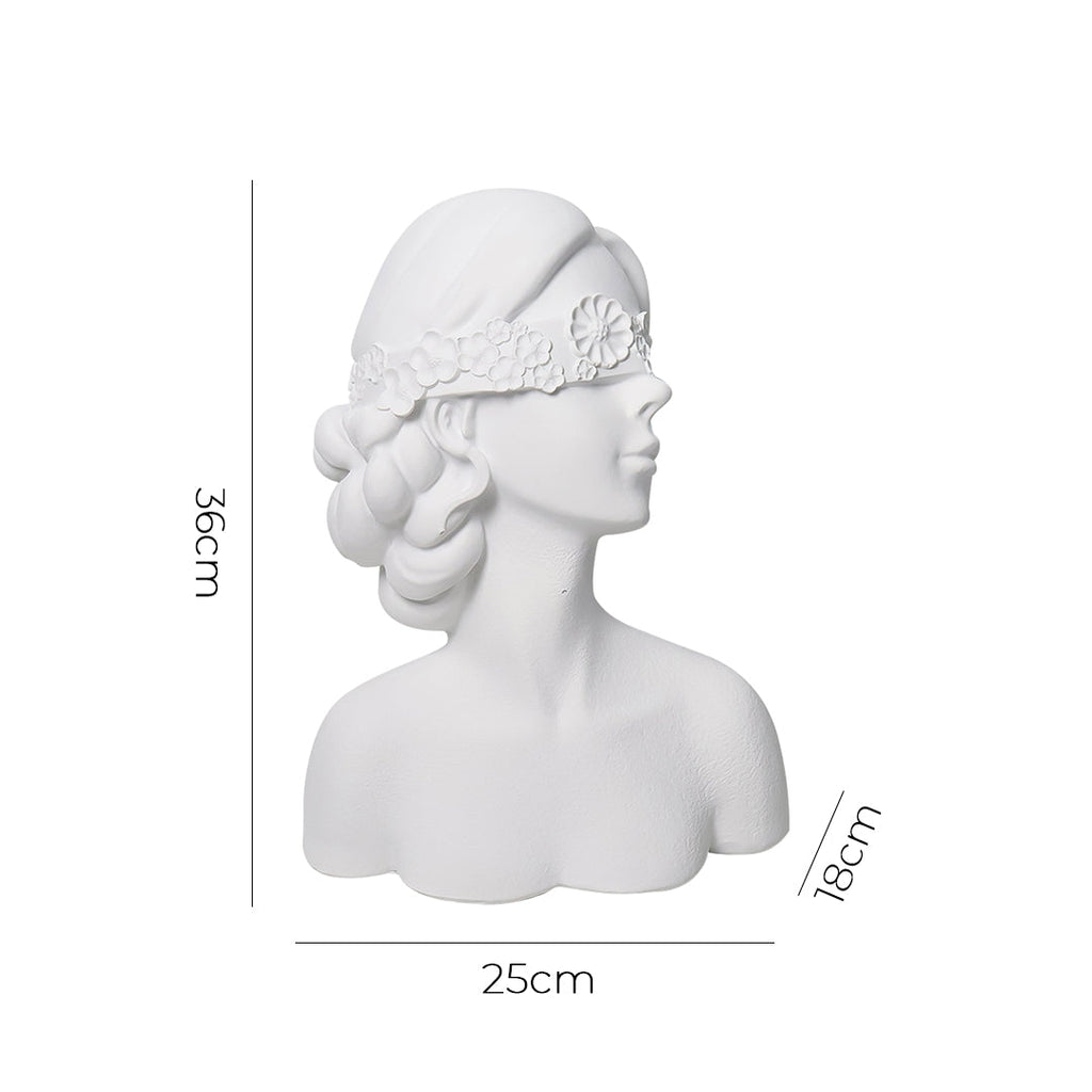 Matte white resin 36cm blindfold lady bust sculpture with delicate floral detailing for home decor — view 5