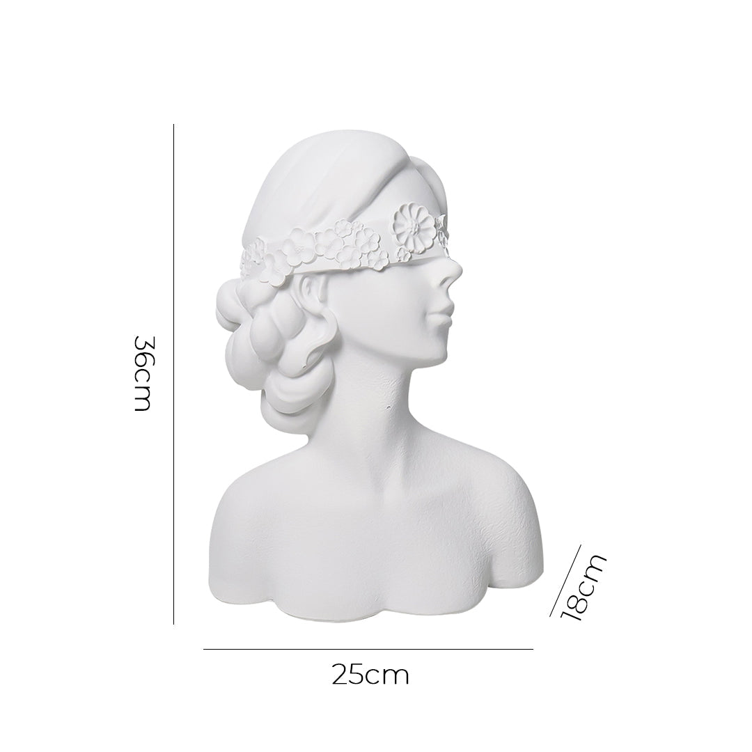 Matte white resin 36cm blindfold lady bust sculpture with delicate floral detailing for home decor — view 5